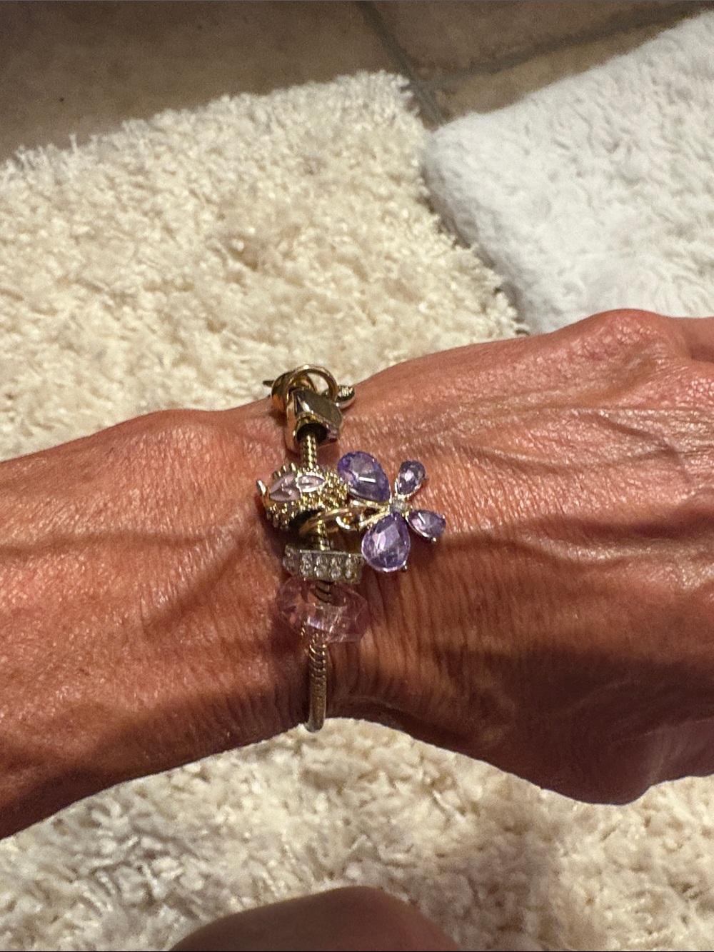 Gold Charm Bracelet with Purple Flower and lavender Crystal Accents